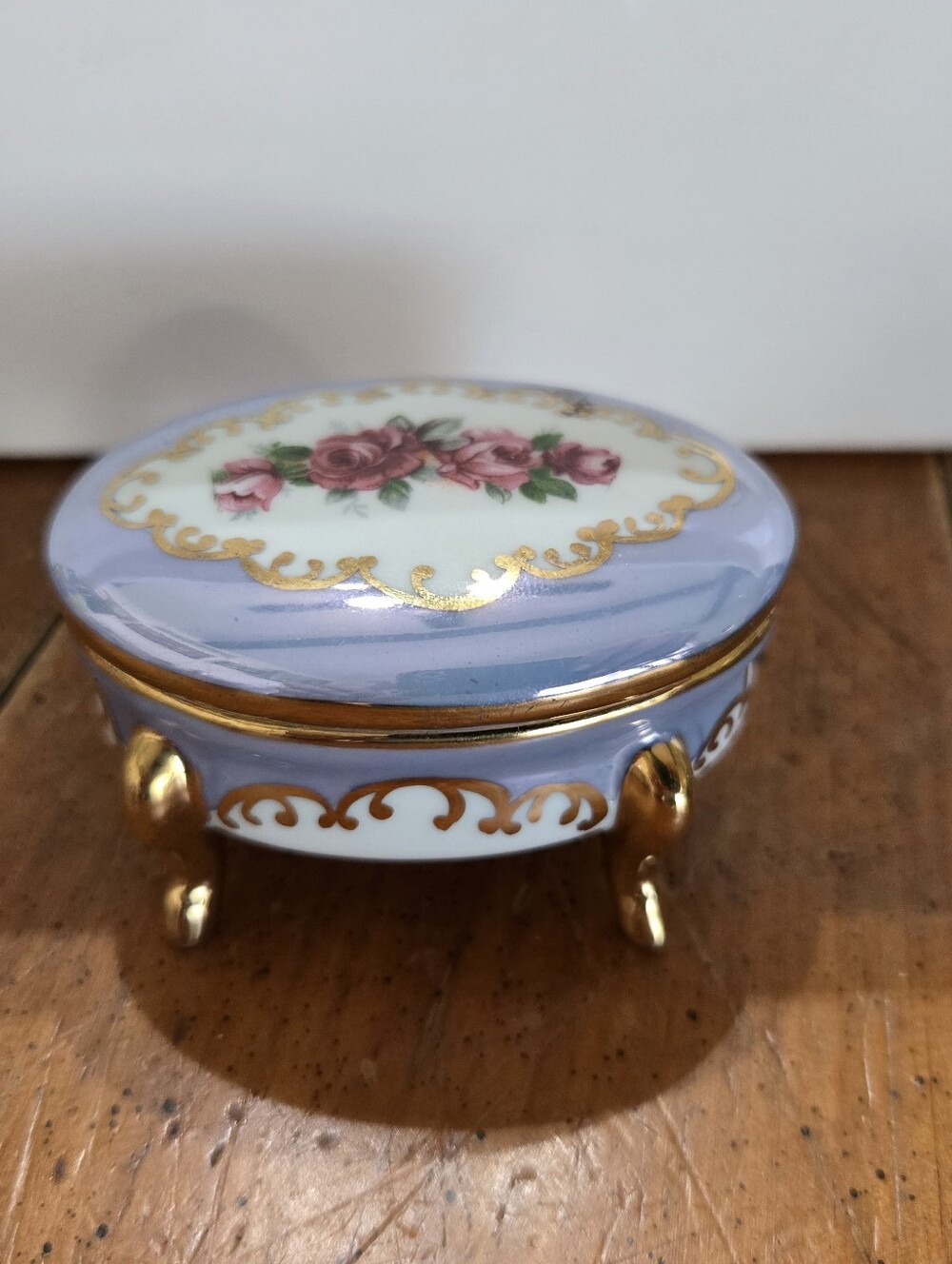 Porcelain Floral Jewelry Trinket Box with Gold Feet